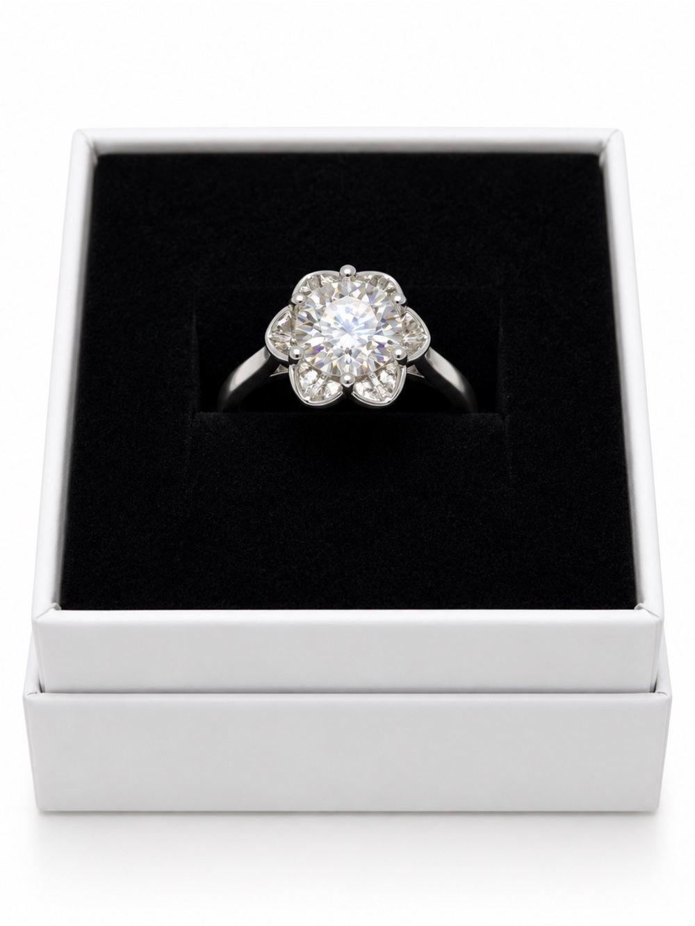 Moissanite Flower Solitaire Ring Size8 Round White Prong Set Silver Tone Rhodium